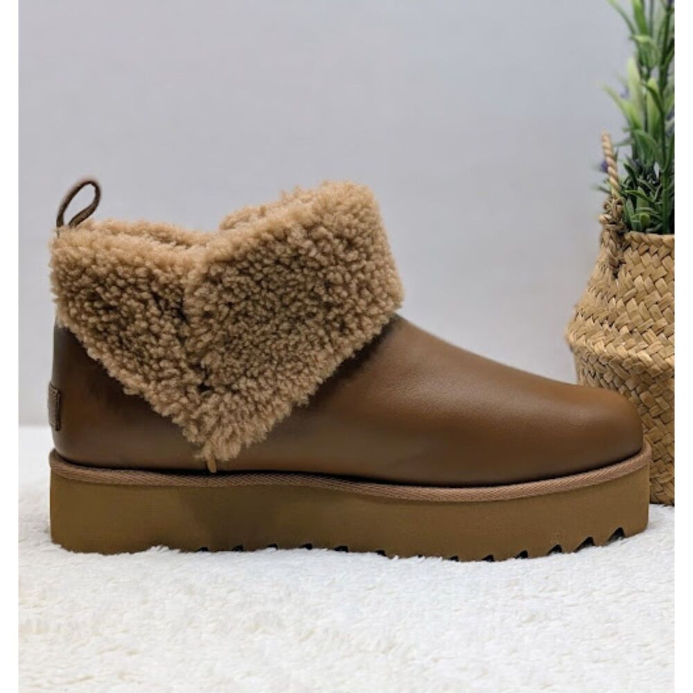 UGG Chestnut Ultra Mini Alina Curled Genuine Shearling Platform Boots W10 *NEW* - Picture 9 of 12
